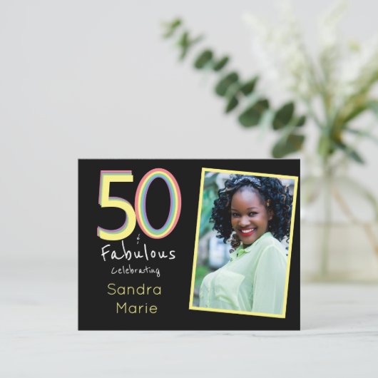 5O und fabelhafte schwarz-gelbe Regenbogen-Chic Ge Einladung (Stehend Vorderseite)