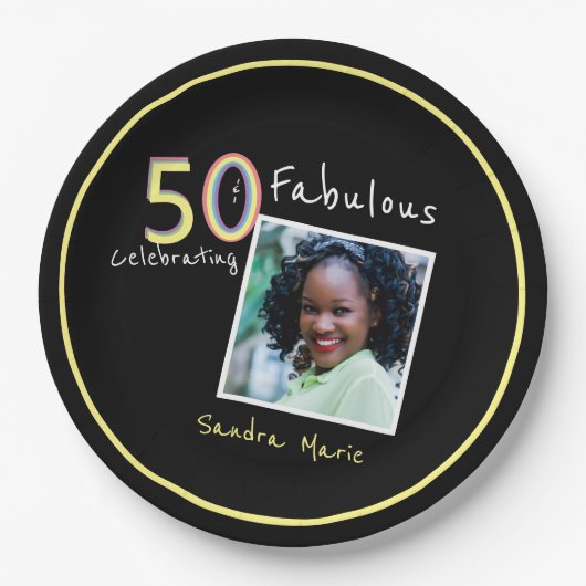 5O und fabelhafte schwarz-gelbe Regenbogen-Chic Ge Pappteller (Vorderseite)