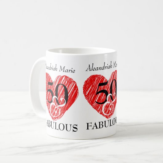 5O und Fabulous Birthday Black Script Red Heart Kaffeetasse (Vorderseite Links)
