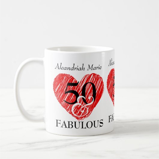 5O und Fabulous Birthday Black Script Red Heart Kaffeetasse (Links)