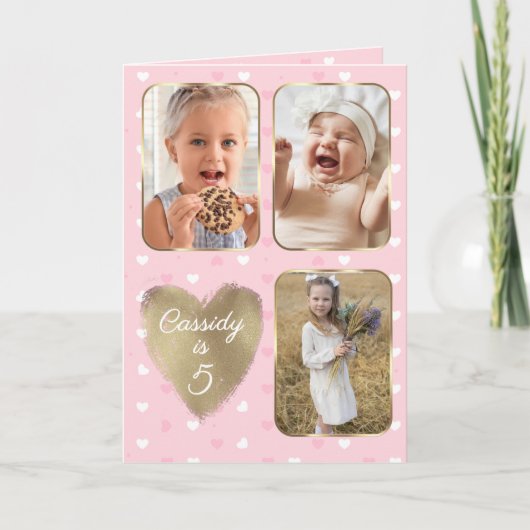 5th Birthday 3 Picture Collage Gold Pink Hearts Karte (Vorderseite)