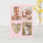 5th Birthday 3 Picture Collage Gold Pink Hearts Karte (Gelbe Blume)