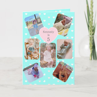 5th Birthday 7 Picture Collage Teal Pink Hearts Karte