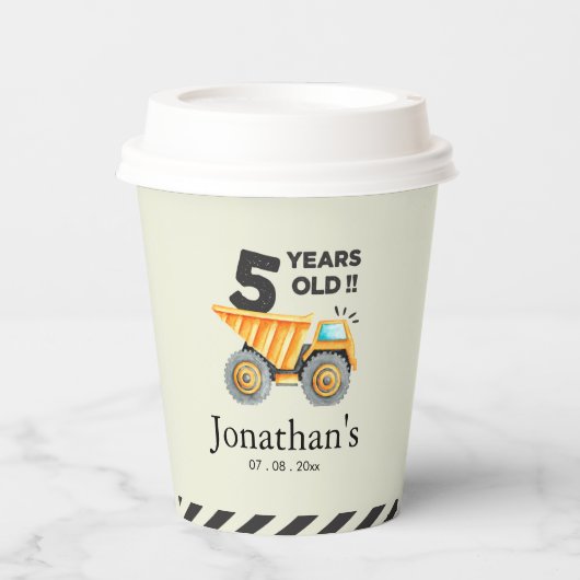 5th birthday boy construction theme pappbecher (Vorderseite)