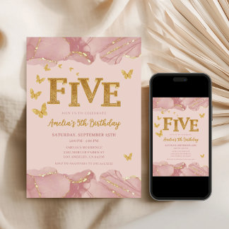 5th Birthday Invitation Pink Gold Glitter Girl Einladung