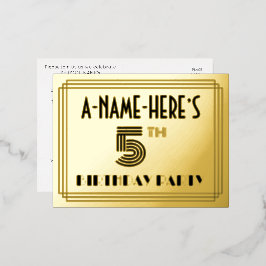 5th Birthday Party ~ Art Deco Style “5” + Name Folie Einladungspostkarte