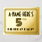 5th Birthday Party ~ Art Deco Style “5” + Name Folie Einladungspostkarte (Vorderseite)
