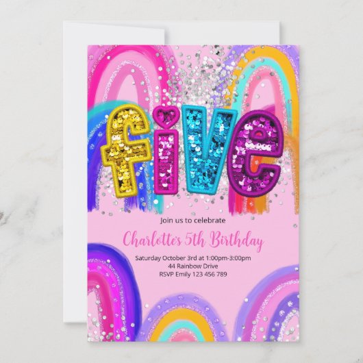 5th Birthday Sequin Rainbow Party Invitation Einladung (Vorderseite)