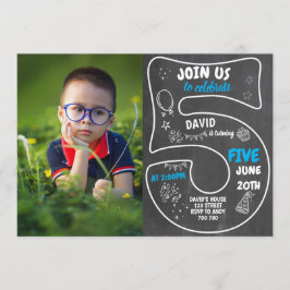 5th Boy Birthday Chalkboard mit Foto Blue Number Einladung