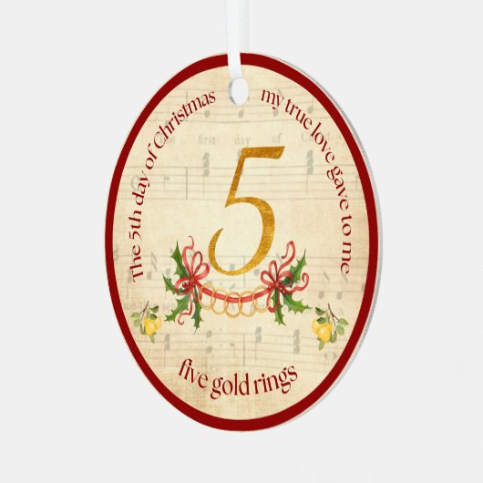 5th Day of Christmas Five Golden Rings Ornament Aus Metall (Vorderseite links)