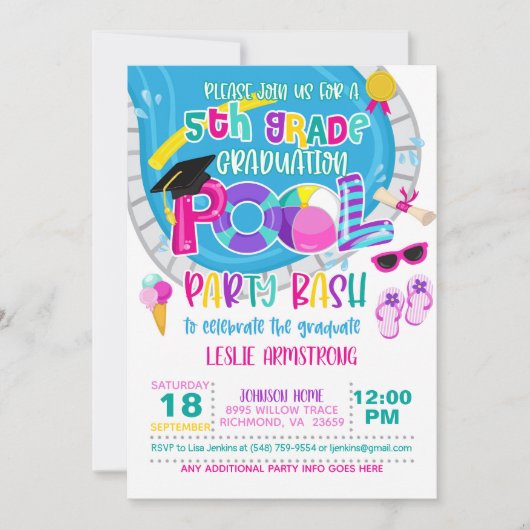 5th Grade Abschluss Pool Party - Girl W Einladung (Vorderseite)