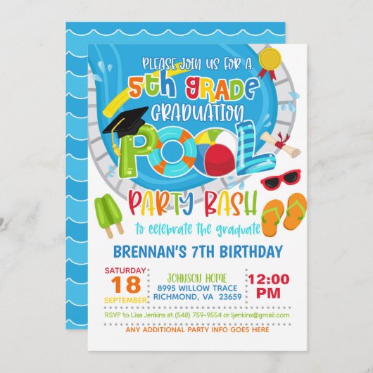 5th Grade Abschluss Pool Party - Junge Einladung (Vorne/Hinten)