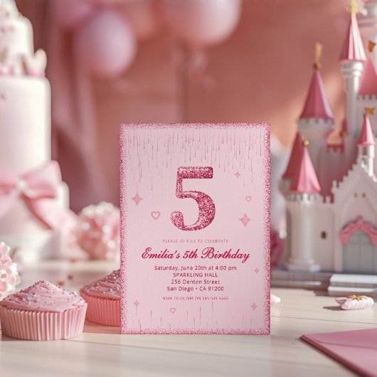 5th Pink Glitter Birthday | Sparkle Glitter Einladung