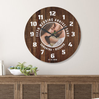 5th Wedding Anniversary Photo Rustic Pallet Wood Große Wanduhr
