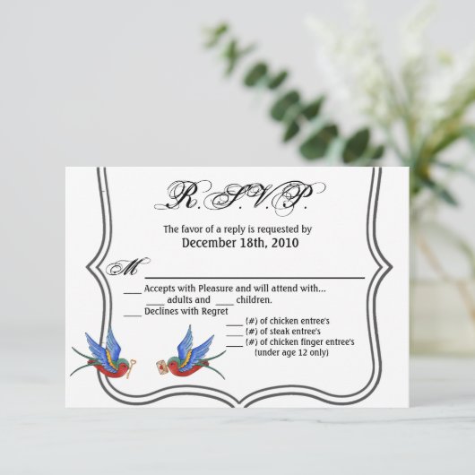 5x3.5 R.S.V.P. Karte Traditionelle Bird Tattoo Spa (Stehend Vorderseite)