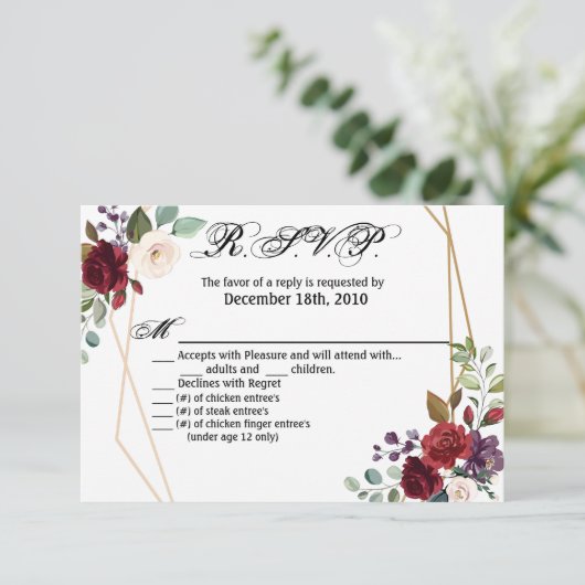 5x3.5 R.S.V.P. Karte XMAS White Roses Gold Geometr (Stehend Vorderseite)