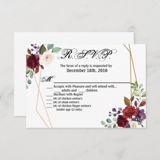 5x3.5 R.S.V.P. Karte XMAS White Roses Gold Geometr (Vorne/Hinten)