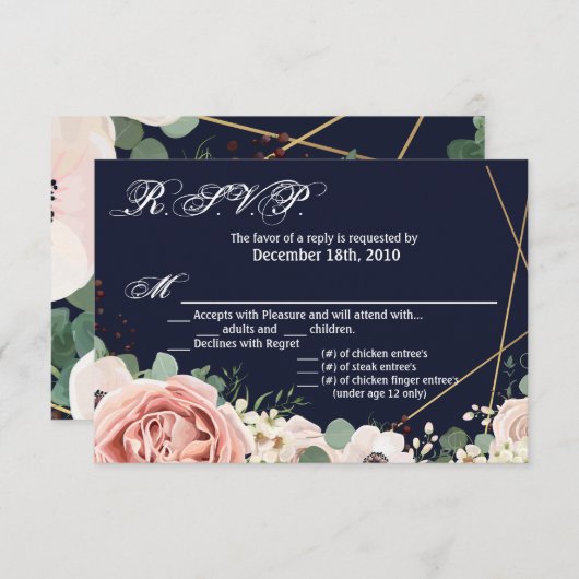 5x3.5 R.S.V.P. Kartengeometrie-Garten-Rose Navy Bl Einladung (Vorne/Hinten)