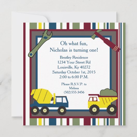 5x5 Bau Erster 1. Geburtstag Einladung (Vorderseite)