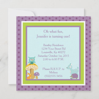 5x5 Lila Furry Woodland 1. Geburtstag Einladung
