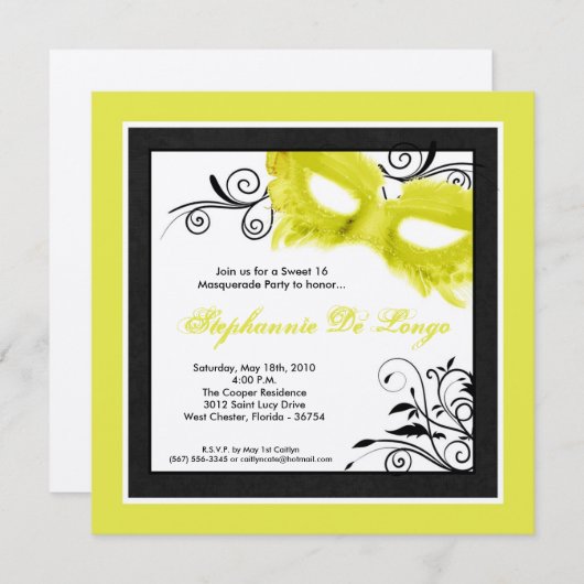 5x5 Yellow Masquerade Mask 16 Birthday Invitation Einladung (Vorne/Hinten)