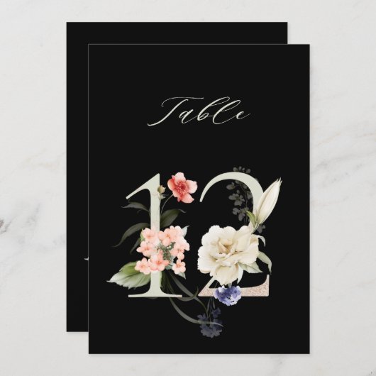 5x7 Botanical Floral Number 12, Black Table Number Einladung (Vorne/Hinten)
