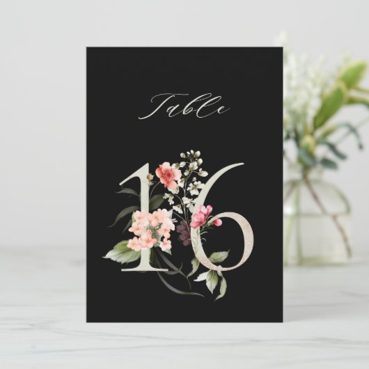 5x7 Botanical Floral Number 16, Black Table Number Einladung (Stehend Vorderseite)
