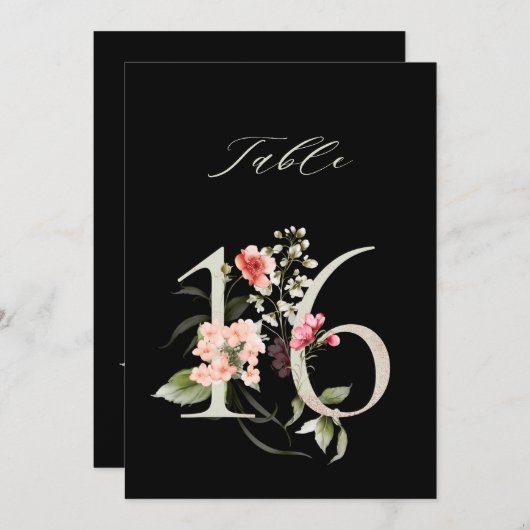 5x7 Botanical Floral Number 16, Black Table Number Einladung (Vorne/Hinten)
