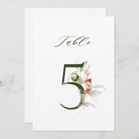 5x7 Botanical Floral Number 5, Table Number Einladung (Vorne/Hinten)