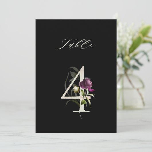 5x7 Botanische Blumenziffer 4, schwarze Tischnumme Einladung (Stehend Vorderseite)