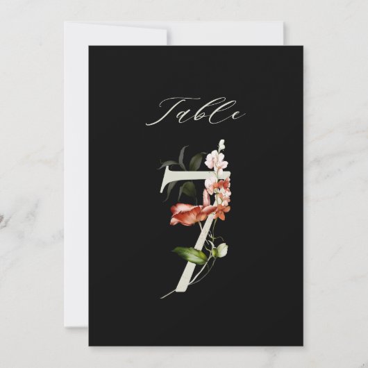 5x7 Botanische Blumige Nummer 7, Schwarze Tischnum Einladung (Vorderseite)