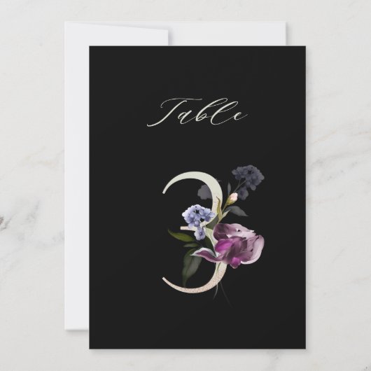 5x7 Botanische Blumige Zahl 3, Schwarze Tischnumme Einladung (Rückseite)