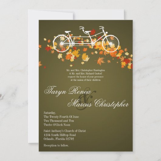 5x7 Braune Herbst-Doppel-Fahrrad-Hochzeitseinladun Einladung (Vorderseite)