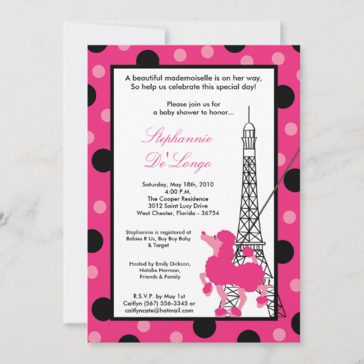 5x7 Girl Pink Poodle Paris Baby Shower Invitation Einladung (Vorderseite)