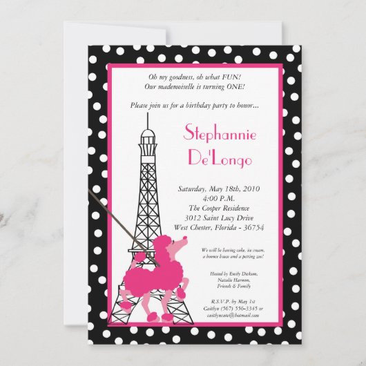 5x7 Mädchen Rosa Pudel Paris Geburtstags-Einladung Einladung (Vorderseite)