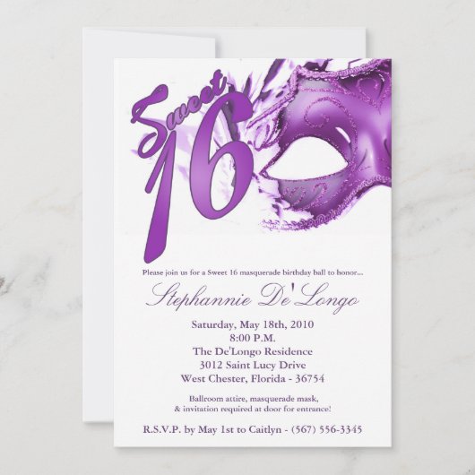 5x7 Masquerade Mask Sweet 16 Birthday Invitation Einladung (Vorderseite)