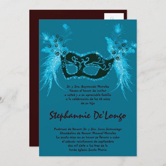 5x7 Masquerade Quinceanera Birthday Invitation Einladung (Vorne/Hinten)