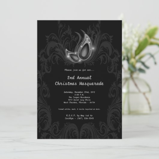 5x7 Silver Masquerade Christmas XMAS Invitation Einladung (Stehend Vorderseite)