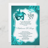 5x7 Teal Masquerade Mask Quinceanera Invitation Einladung (Vorne/Hinten)
