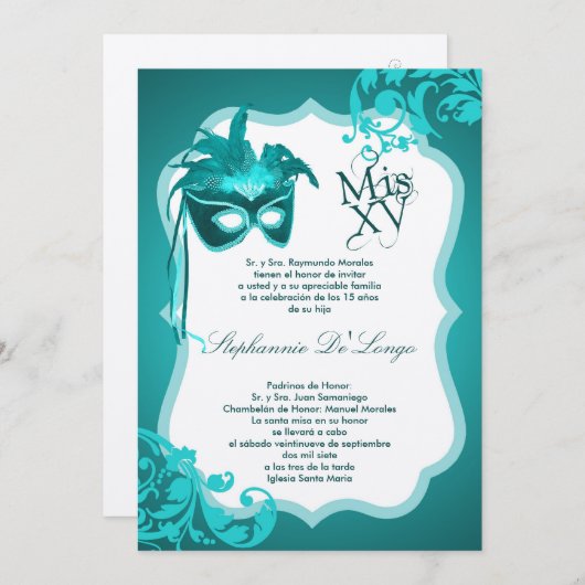 5x7 Teal Masquerade Mask Quinceanera Invitation Einladung (Vorne/Hinten)