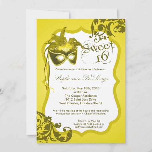 5x7 Yellow Masquerade Mask 16 Birthday Invitation Einladung (Vorderseite)
