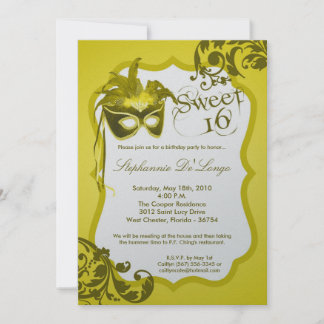 5x7 Yellow Masquerade Mask 16 Birthday Invitation Einladung