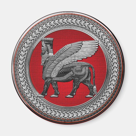 [600] Assyrian Winged Bull: Silver & Black Lamassu Magnet (Vorne)