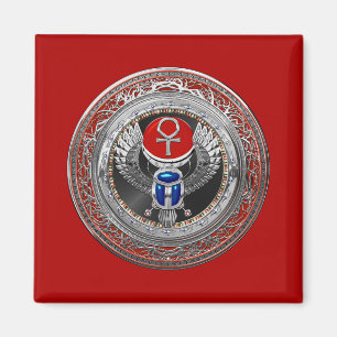 [600] Sacred Silver Egyptian Winged Scarab & Ankh Magnet