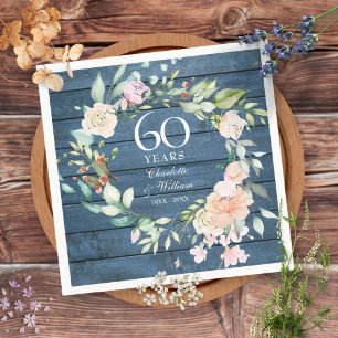 60. 75. Hochzeitsjubiläum Blau Rustikale Blumen Serviette