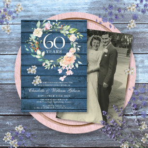 60. 75. Jubiläum Hochzeit Foto Floral Rustikal Einladung