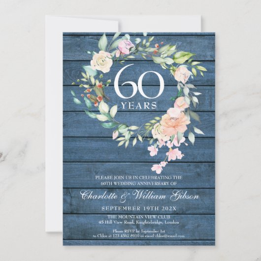 60. 75. Jubiläum Hochzeit Foto Floral Rustikal Einladung (Vorderseite)