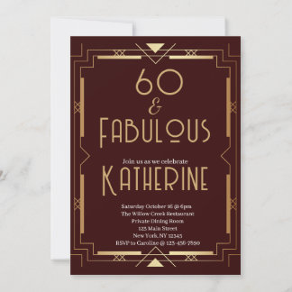 60 and Fabulous 60th Birthday Art Deco Burgundy Einladung