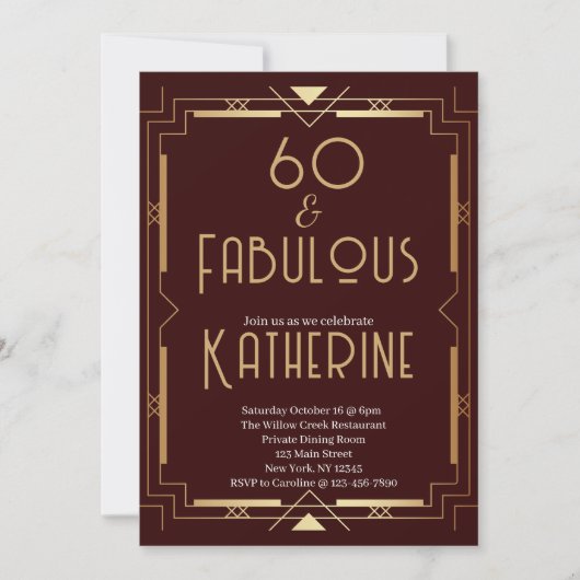 60 and Fabulous 60th Birthday Art Deco Burgundy Einladung (Vorderseite)