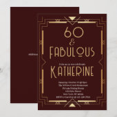 60 and Fabulous 60th Birthday Art Deco Burgundy Einladung (Vorne/Hinten)